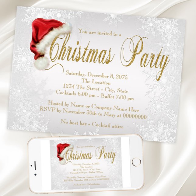 Tomtehatt Silver Snöflinga Julfest Inbjudningar (Santa hat snowflake Christmas party invitation. Instant download and printed invitations available.)
