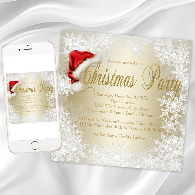 Tomtehatt Snöflinga Julfest Inbjudningar (Gold snowflake Santa hat Christmas party invitation. Available for instant download and printed.)