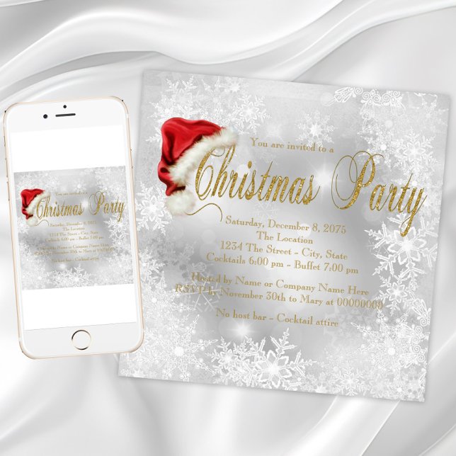 Tomtehatt Snöflinga Julfest Inbjudningar (Santa hat snowflake Christmas party invitations. Instant download and printed invitations available.)