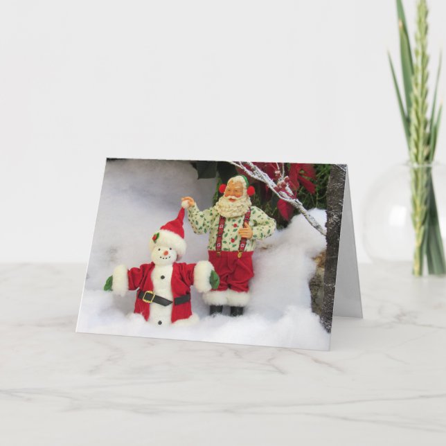 Tomten Bygger Snögubbe! Helgkort (Framsida)