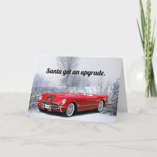 Tomten driver en klassisk röd konvertibel jul kort
