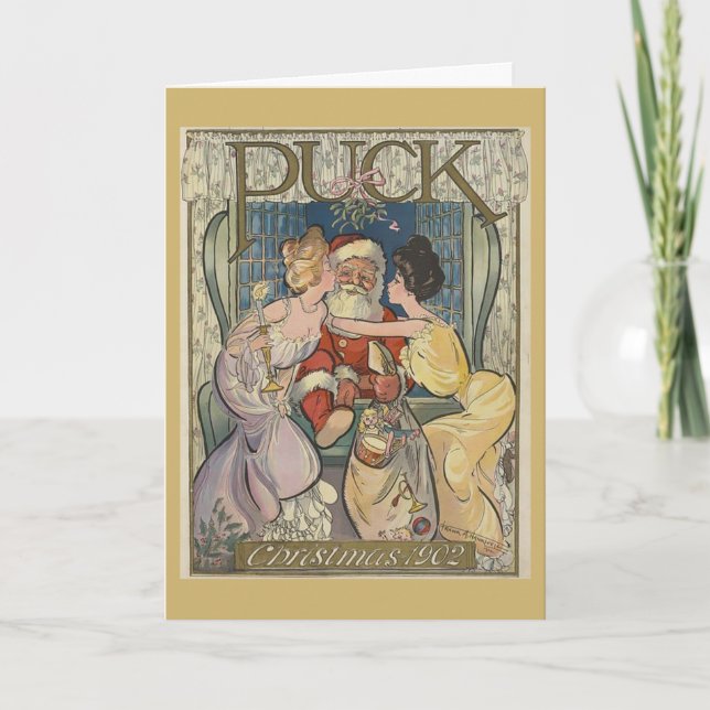 Tomten fångade under Mistletoe. Helgkort (Framsida)