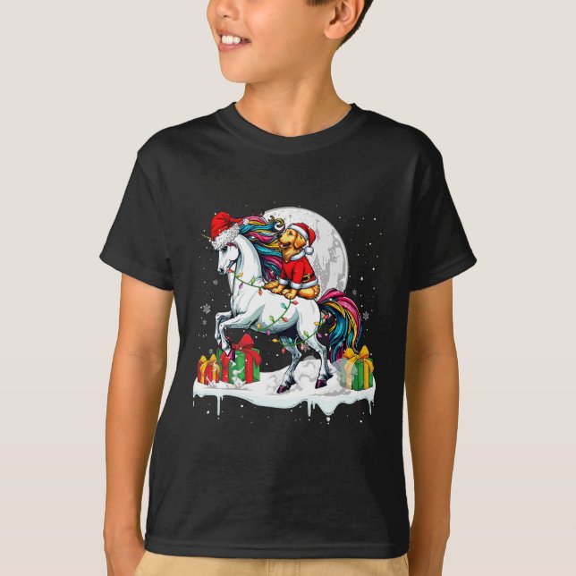 Tomten Golden Retriever Riding Unicorn jul Ow T Shirt (Framsida)