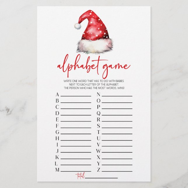 Tomten Hat jul Alphabet Baby Shower Game Brevpapper (Framsida)