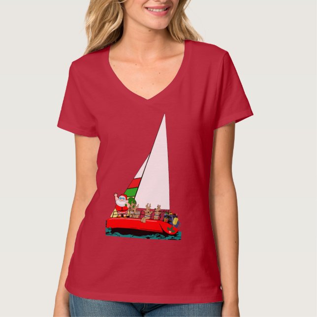 Tomten i Sailboat-båten vid jul T Shirt (Framsida)