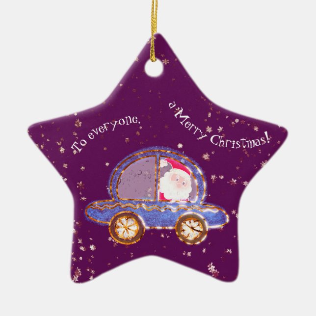 Tomten i sin bil vid jul julgransprydnad keramik (Framsidan)