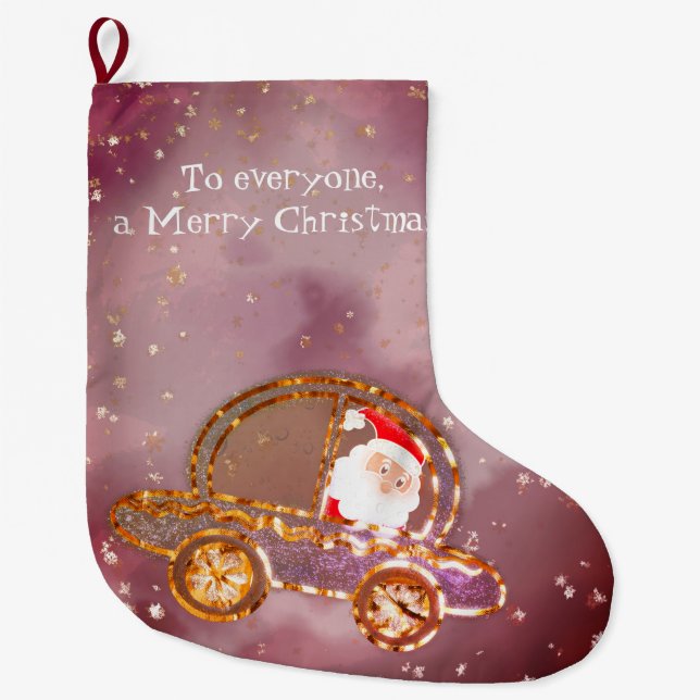 Tomten i sin bil vid jul stor julstrumpa (Framsidan)