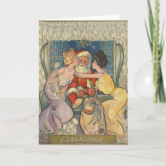 Tomten Kissing Vintage-julkort Helgkort (Framsida)