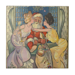 Tomten Kissing Vintage-julkort Kakelplatta