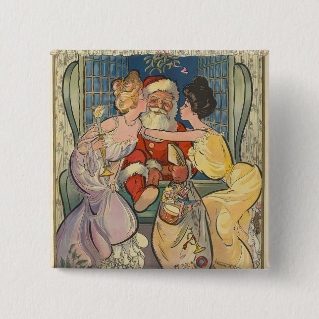Tomten Kissing Vintage-julkort Knapp (Framsida)