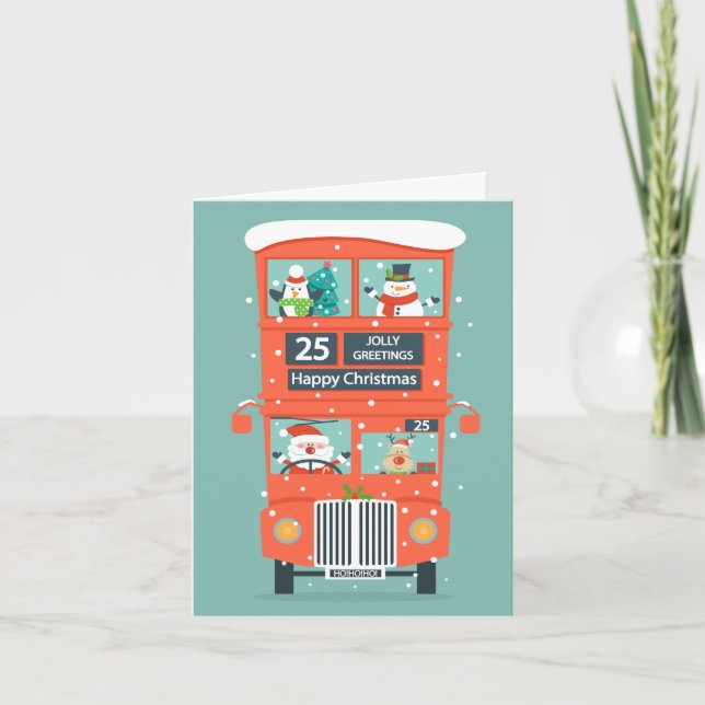 Tomten kommer i en Dubbla Decker Buss jul Helgkort (Framsida)