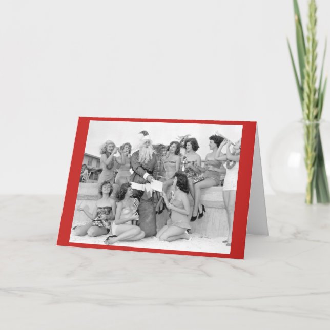 Tomten med unga kvinnor på stranden helgkort (Framsida)