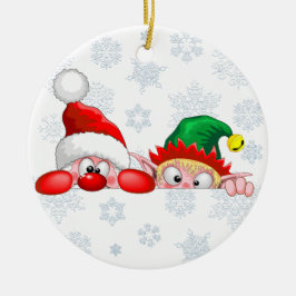 Tomten och Elf Cute och lustigtecknen Peeking Julgransprydnad Keramik