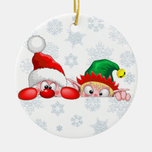 Tomten och Elf Cute och lustigtecknen Peeking Julgransprydnad Keramik