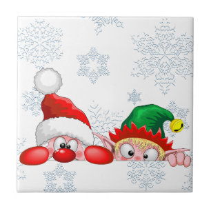 Tomten och Elf Cute och lustigtecknen Peeking Kakelplatta