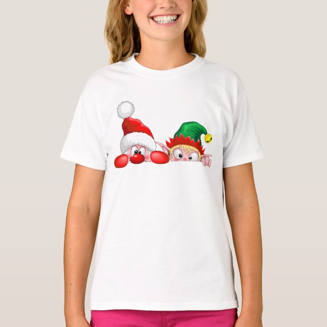 Tomten och Elf Cute och lustigtecknen Peeking T Shirt (Framsida)