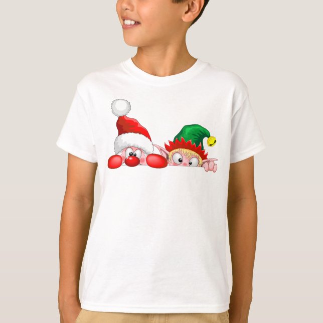 Tomten och Elf Cute och lustigtecknen Peeking T Shirt (Framsida)