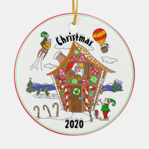 Tomten och Elves i Tecknaden Gingerbröd House Desi Julgransprydnad Keramik