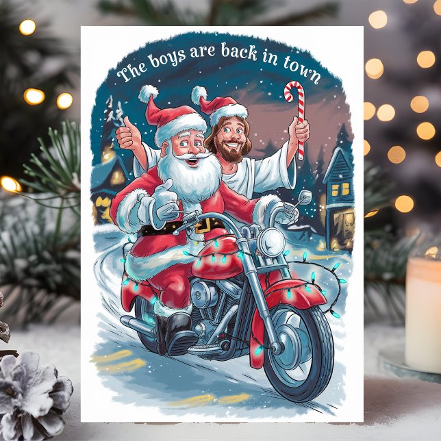 Tomten och Jesus på en motorcykel - en fin jul Helgkort (Skapare uppladdad)