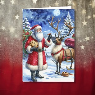 Tomten och renar vid jul Kväll Helgkort