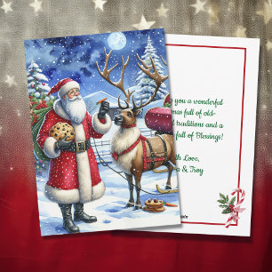 Tomten och renar vid jul Kväll Julkort