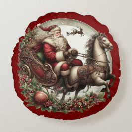 Tomten på en släde och en häst rund kudde