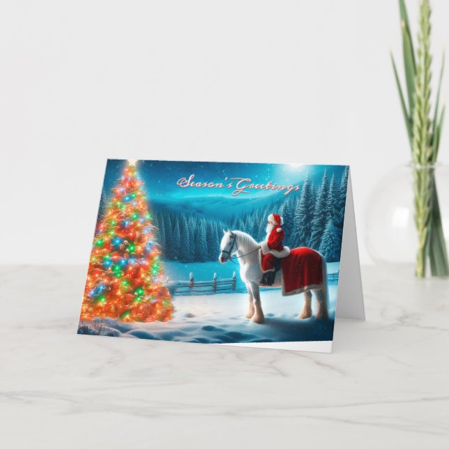 Tomten på hans häst med ett Julgran-kort Helgkort (Framsida)