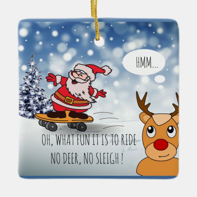 Tomten på skateboard lustiga renar i vintern julgransprydnad keramik (Framsida)