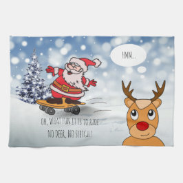 Tomten på skateboard lustiga renar i vintern kökshandduk