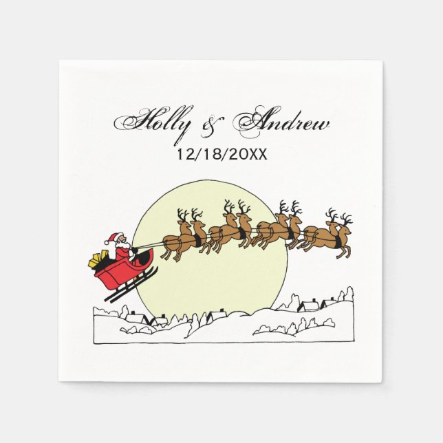 Tomten Reindeer över Snö täckte staden Lt Måne Pappersservett (Framsidan)