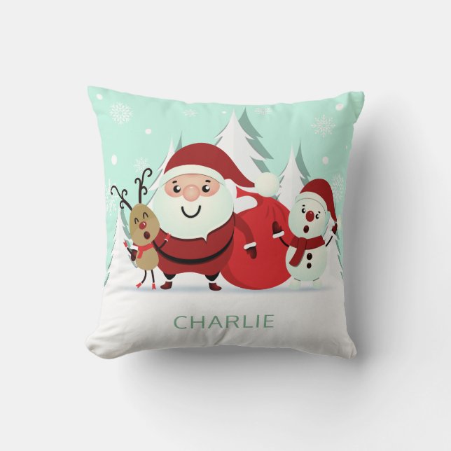 Tomten, renar och Snögubbe, eget namn dekorativ ku Kudde (Framsida)