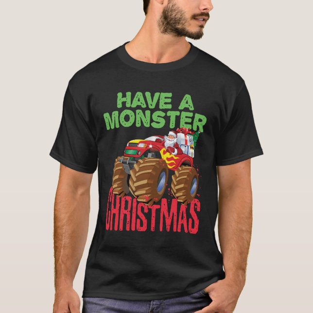 Tomten Riding Monster Lastbil har månjul T Shirt (Framsida)
