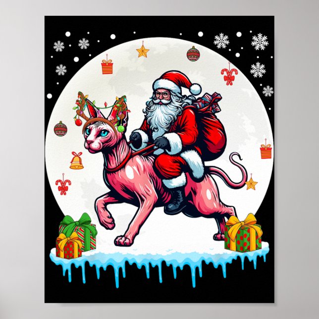 Tomten Riding Reindeer Sphynx Cat julägare K Poster (Framsidan)