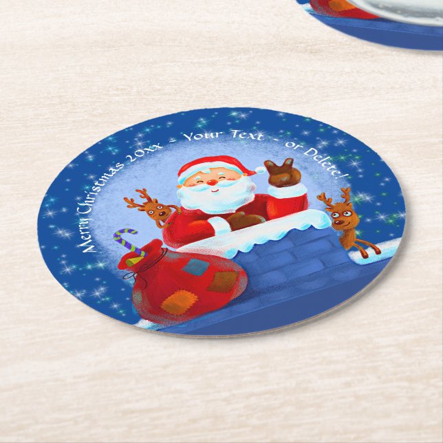 Tomten Skorsten Reindeer Sack Add Year Text Blue Underlägg Papper Rund (Vinklad)
