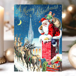Tomten Skorsten Rener vid jultomten Helg Vykort<br><div class="desc">Skicka festive hälsning med detta charmerande vintage-vykort för jul med Jultomten på en skorsten med renar och slätt fullt av leksak. Den klassiska helgdag, komplett med snöbakgrund och texten "A God jul", väcker en nostalgisk och hjärtslitande känsla. Perfekt för att dela helgdag med vänner och familj, detta vykort fångar julens...</div>