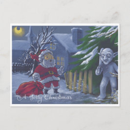 Tomten skrämd av ett illustrerat kort från snö Gno