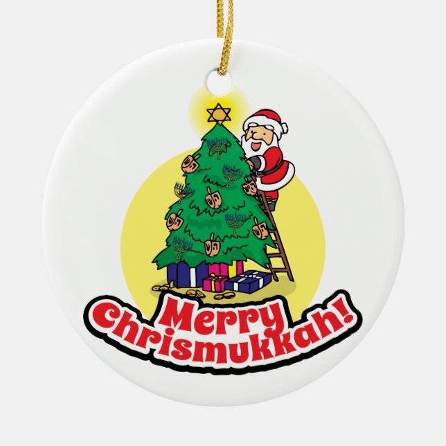 Tomten som dekorerar träd för Chrismukkah Julgransprydnad Keramik (Framsidan)