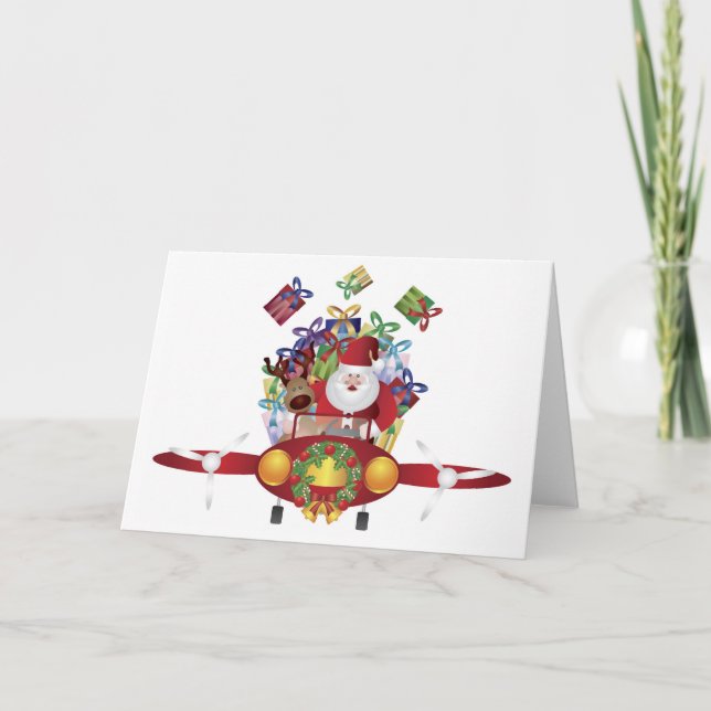Tomten som flyger ett Flygplan-hälsningskort för V Helgkort (Framsida)