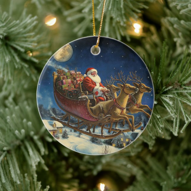 Tomten som flyger över byn Snowy Julprydnad Julgransprydnad Keramik (Träd)