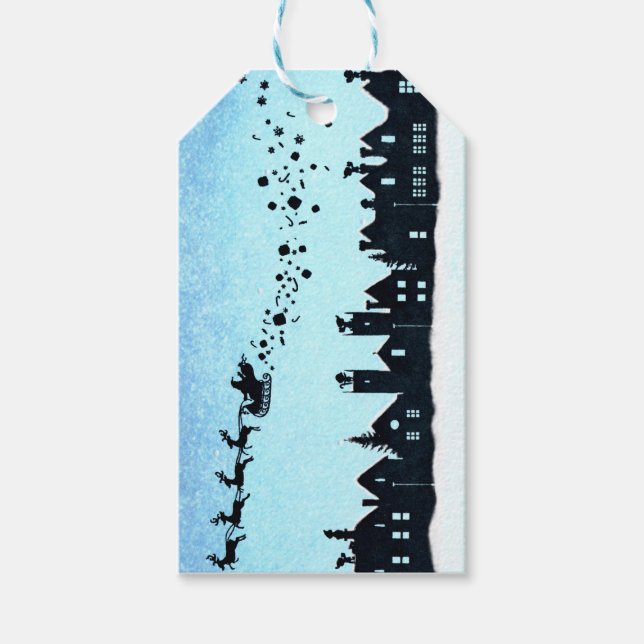 Tomten som flyger över hus jultomten MÄRKRE Presentetikett (Framsidan)