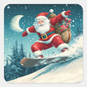 Tomten som levererar Julklapp på en snöskiva Fyrkantigt Klistermärke