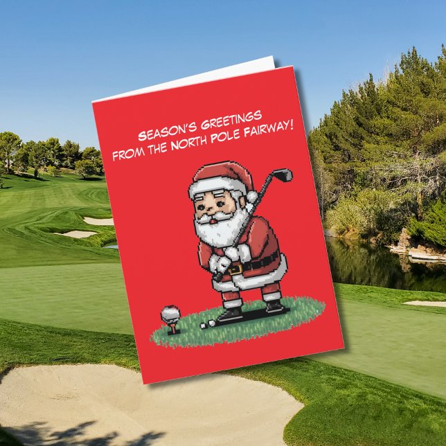 Tomten spelar golf på grönt christmas kort (Skapare uppladdad)