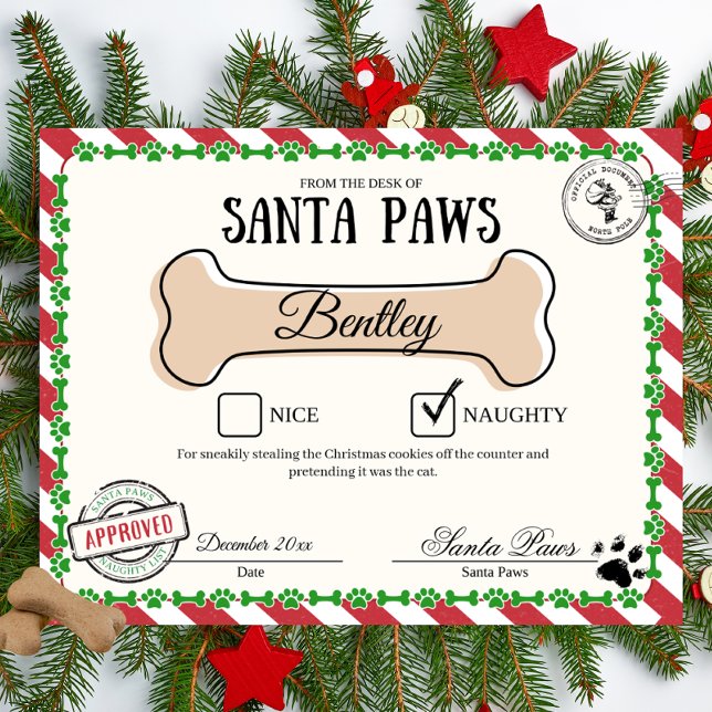 Tomten Tass Naughty List Certificate for Hundar Poster (Custom Santa Paws Naughty List certificate)