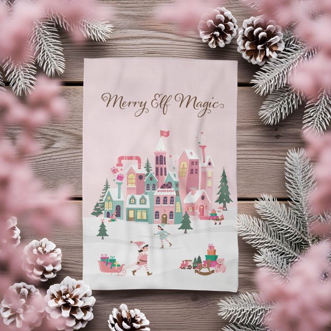 Tomtenisse verkstad Nordpolen Santa Claus Rosa By Kökshandduk (North Pole Elf Workshop Santa Claus Pink Village Kitchen Towel)