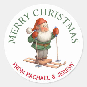 Tomtens Elf på Skis God jul Runt Klistermärke