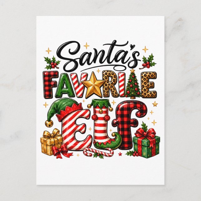 Tomtens favorit-älv jul meddelande vykort (Framsida)