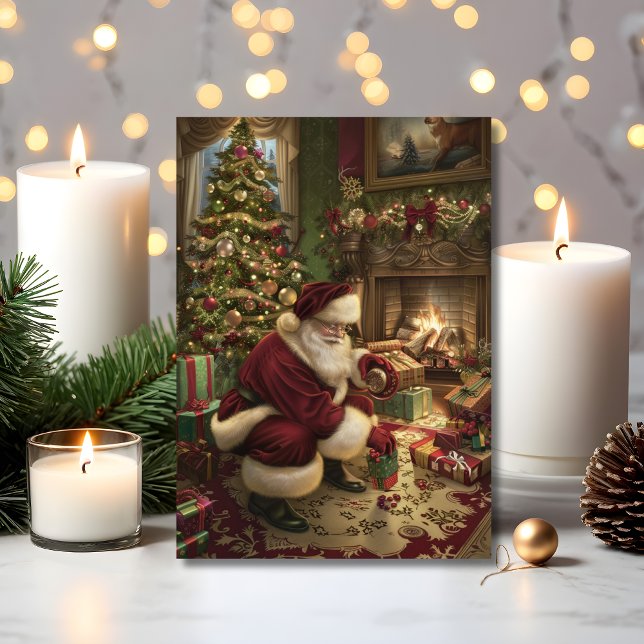 Tomtens magiska julleverans  kort (Santa delivers gifts by firelight in this nostalgic Christmas greeting card)