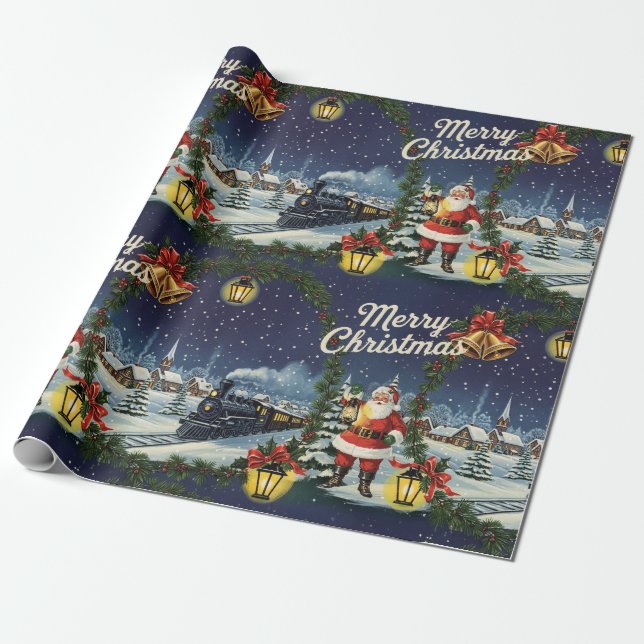Tomtens Papper för Snowy Express Retro Wrapping Presentpapper (Utrullad)