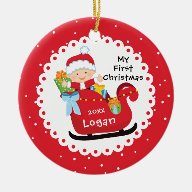 Tomtens slädbabys första jul julgransprydnad keramik (Framsidan)