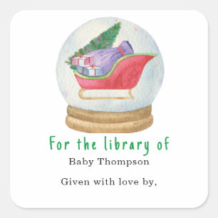 Tomtens släde - baby shower exlibris fyrkantigt klistermärke